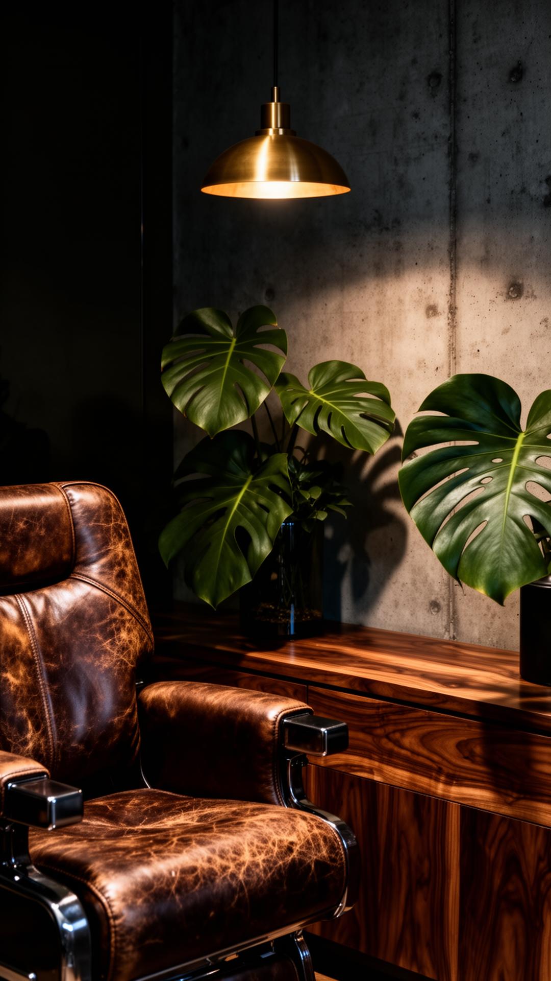 Aged leather chair with monstera and brass pendant